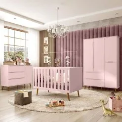 Kit Quarto Bebê Retrô Melinda Plus Rosê Roupeiro 3P + Cômoda 1Porta + Berço Mini Cama Ana 100% MDF - Mobili