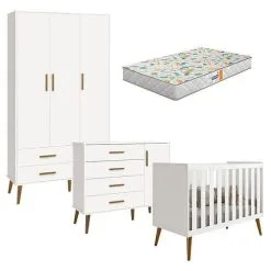 Quarto De BebĂȘ Isis 3 Portas Branco Acetinado Com ColchĂŁo Gazin - Reller