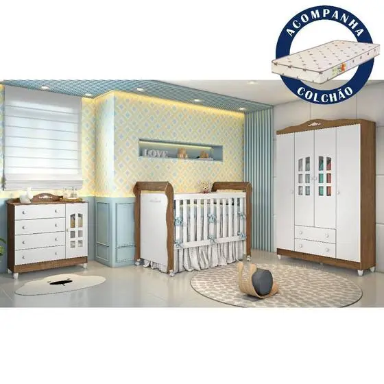 Quarto De Bebê Provençal Guarda Roupa 4 Portas Cômoda Berço Com Colchão Amadeirado Carolina Baby