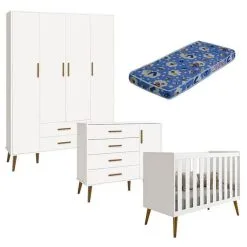 Quarto De BebĂȘ Isis 4 Portas Branco Acetinado Com ColchĂŁo Ortobom - Reller