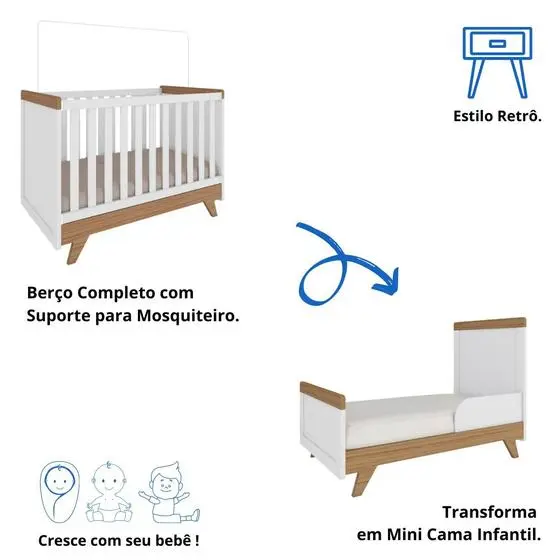 Quarto Bebê Retrô Completo Com Guarda Roupa 4 Portas Berço Mini Cama Cômoda 4 Gavetas Móveis Peroba - Image 4
