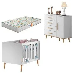 Berço Americano E Cômoda Infantil Ludmila Branco Bétula Com Colchão Gazin Carolina - Carolina Baby