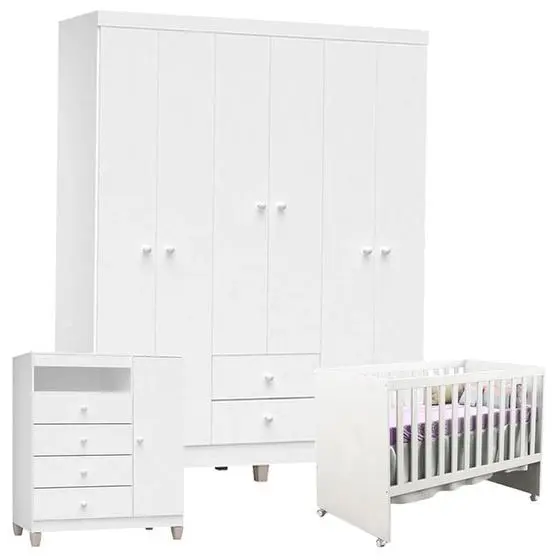 Quarto De Bebê 6 Portas Ternura Baby Com Berço Gabi Branco Brilho - Incorplac