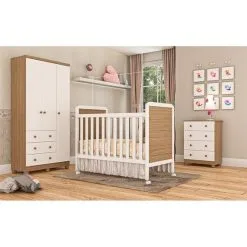 Kit Quarto Bebê Infantil Conjunto MDF Berço Americano Cômoda Armário Guarda Roupa Cor Madeira Branco - Peroba