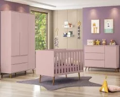 Kit Quarto Bebê Retrô Melinda Rosê Roupeiro 3P + Cômoda 1Porta + Berço Mini Cama Ana - 100% MDF - Mobili