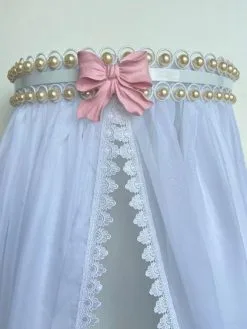 Dossel Perola Branco Borboleta Rosa + Voil - Berço De Luxo