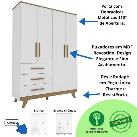 Quarto Bebê Retrô Completo Com Guarda Roupa 4 Portas Berço Mini Cama Cômoda 4 Gavetas Móveis Peroba - Image 9