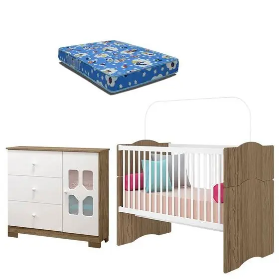 Berço Americano Alegria Com Colchão E Cômoda New Cristal Branco Brilho Wengue - Canaa - Canaa Baby