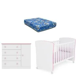 Berço Americano 2484 Com Colchão E Cômoda Infantil 2561 Branco Rosa Brilho Qmovi