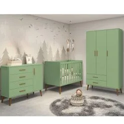 Quarto De Bebê Com Guarda Roupa 3 Portas, Cômoda E Berço Retro Verde - Reller