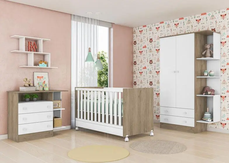 Jogo De Quarto Completo Infantil Bebê Guarda Roupa 2 Portas Cômoda 3 Gavetas Berço Mini Cama C/ Rodízios Doce Sonho 1395 / 1344 / 1367 - Qmovi