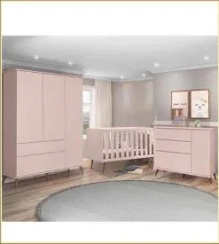 Quarto Bebê Completo Melinda Rose Retro Guarda Roupa 3 Portas Cômoda 1 Porta Berço Qencanto - Phoenix Baby