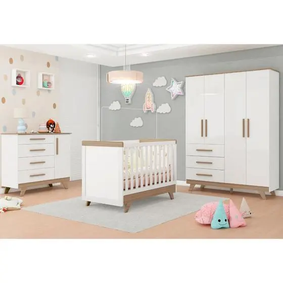 Quarto Bebê Retrô Completo Com Guarda Roupa 4 Portas Berço Mini Cama Cômoda 4 Gavetas Móveis Peroba - Image 2