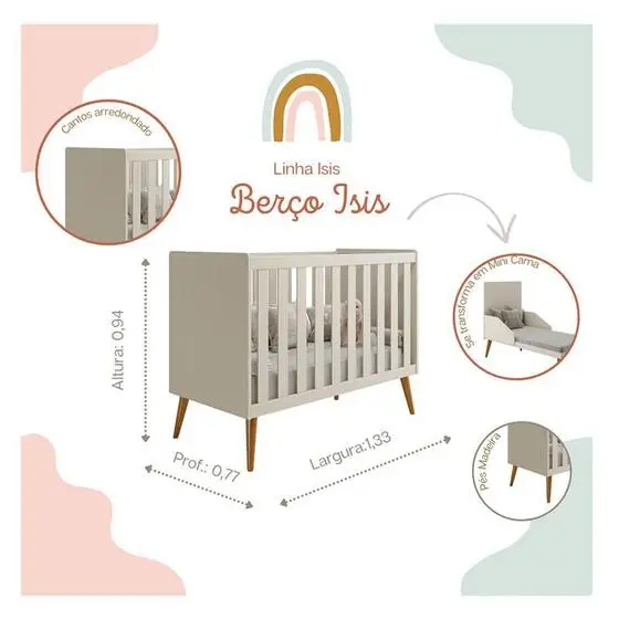 Berço Americano E Cômoda Infantil Com Porta Isis Areia Acetinado Com Colchão Gazin - Reller - Image 4