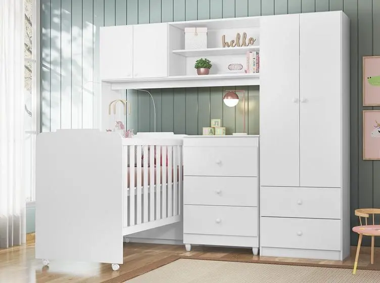 Quarto Bebe Completo Com Conjugado, Berço E Cômoda Sophia Branco - Peternella