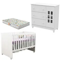 Berço Americano Gabi E Cômoda Mariah Branco Brilho Com Colchão Gazin Carolina - Carolina Baby