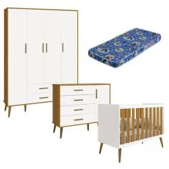 Quarto De Bebê Isis 4 Portas Branco Acetinado Savana Com Colchão Ortobom - Reller