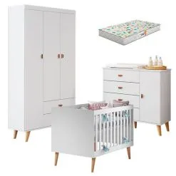 Quarto De Bebê Duda Com Berço Americano Ludmila Branco Acetinado Bétula E Colchão Gazin - Carolina - Carolina Baby