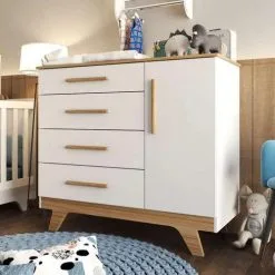Cômoda De Bebê 1 Porta 4 Gavetas Retrô Móveis Peroba Branco/Carvalho