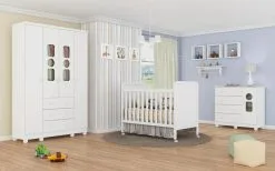 Móveis Peroba Quarto Completo Bebê Tedy 03 Pçs Berço 100% MDF Branco Moveis Peroba