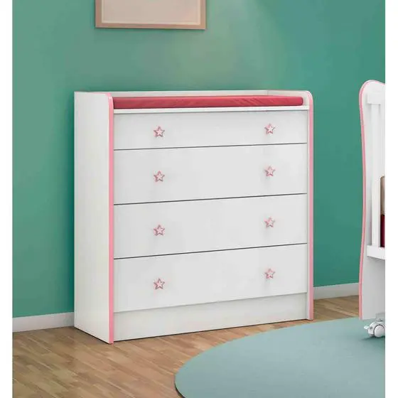 Cômoda P/ Roupas Quarto Infantil Bebê C/ Trocador 4 Gavetas Doce Sonho 2523 - Qmovi