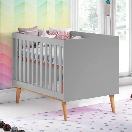 Berço Americano 3 Em 1 Retro Ludmila Cinza Fosco Com Bétula Carolina Baby