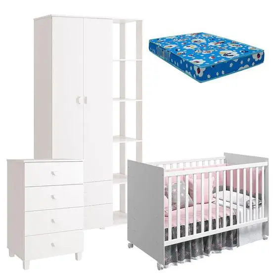 Quarto De Bebê Gino E Berço Nacional Mel Branco Acetinado Com Colchão Ortobom Reller