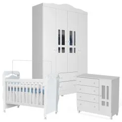 Quarto De Bebê Ariel 4 Portas Com Berço New Nanda Branco Brilho - Carolina - Carolina Baby