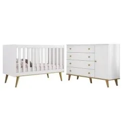Quarto De Bebê Retrô Cômoda Com Porta Cris Berço 3 Em 1 Ludmila Branco Com Bétula Carolina Baby