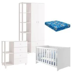 Quarto De Bebê Com Cômoda Infantil Sapateiro Gino E Berço Americano Mali Branco Acetinado Com Colchão Ortobom Reller