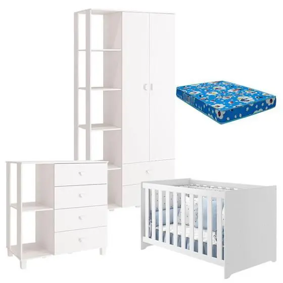 Quarto De Bebê Com Cômoda Infantil Sapateiro Gino E Berço Americano Mali Branco Acetinado Com Colchão Ortobom Reller