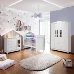 Quarto De BebĂȘ Guarda Roupa 4 Portas CĂŽmoda Ariel Berço Mini Cama Mirelle Branco Carolina Baby