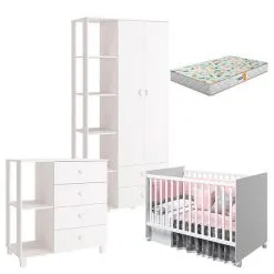 Quarto De Bebê Com Cômoda Sapateiro Gino E Berço Americano Tico Branco Acetinado Com Colchão Gazin Reller