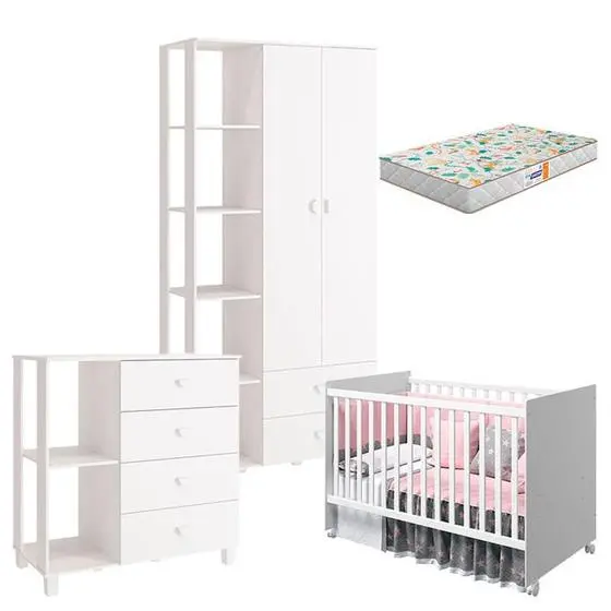 Quarto De Bebê Com Cômoda Sapateiro Gino E Berço Americano Tico Branco Acetinado Com Colchão Gazin Reller