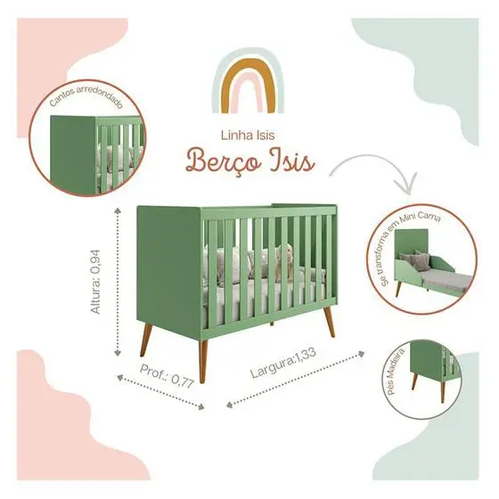 Berço Americano Isis Botânico Acetinado Com Colchão Ortobom - Reller - Image 4
