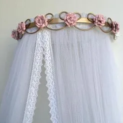 Dossel Arabesco De Flor Menina Com Tule Guipir - Berço De Luxo