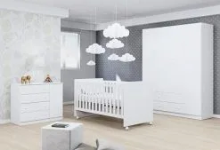 Jogo Quarto Para Bebê Helena Com Guarda Roupa 4 Portas + Cômoda + Berço Mini Cama 1344 Phoenix Baby