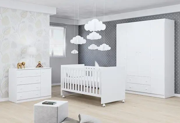 Jogo Quarto Para Bebê Helena Com Guarda Roupa 4 Portas + Cômoda + Berço Mini Cama 1344 Phoenix Baby