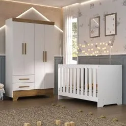 Conjunto Quarto De Bebê Colorir Guarda Roupas 4 Portas E Berço Branco/Nature - Moville