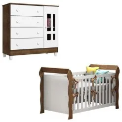Berço Americano Lara E Cômoda Ariel Branco Acetinado Amadeirado - Carolina - Carolina Baby