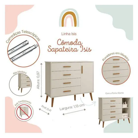 Berço Americano E Cômoda Infantil Com Porta Isis Areia Acetinado Com Colchão Gazin - Reller - Image 7