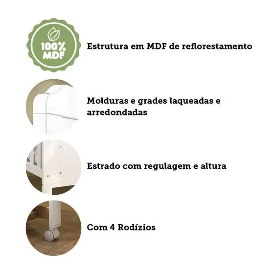 Quarto De Bebê Com Berço Cloe E Cômoda 4 Gavetas Júnior 100% MDF Móveis Peroba Branco Brilho - MOVEIS PEROBA - Image 6
