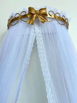 Dossel Arabesco Laço Dourado + Mosquiteiro - Berço De Luxo