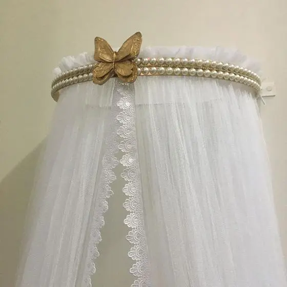 Dossel Dourado Pérolas E Borboletas Com Mosquiteiro - Berço De Luxo - Image 2