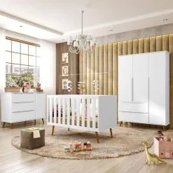 Kit Quarto Bebê Retrô Melinda Branco Roupeiro + Cômoda + Berço Mini Cama Ana - Mobili