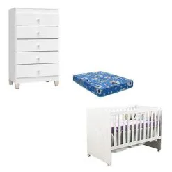 Berço Americano Gabi Com Colchão E Cômoda Gaveteiro Ternura Baby Branco Brilho - Incorplac