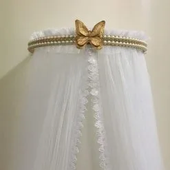 Dossel Dourado Pérolas E Borboletas Com Mosquiteiro - Berço De Luxo