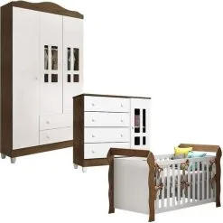 Quarto De Bebê Ariel 3 Portas E Berço Lara Branco Acetinado Amadeirado Carolina - Carolina Baby