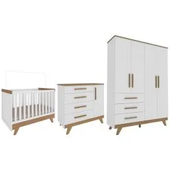 Quarto Bebê Retrô Completo Com Guarda Roupa 4 Portas Berço Mini Cama Cômoda 4 Gavetas Móveis Peroba