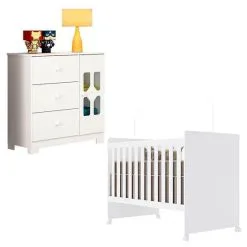 Berço Americano Lívia E Cômoda Infantil New Cristal Branco Brilho Canaã - Canaa Baby